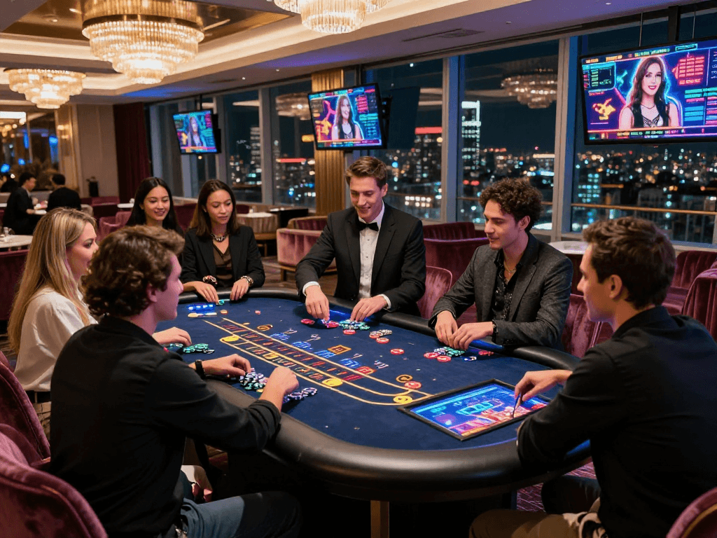 Exciting atmosphere of a crypto casino with players at a digital blackjack table, highlighting vibrant interactions and luxurious decor.