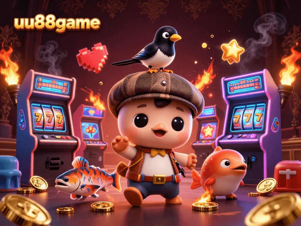 Spin the reels with uu88game's vibrant 3D illustration of playful characters, jackpots, and arcade elements.