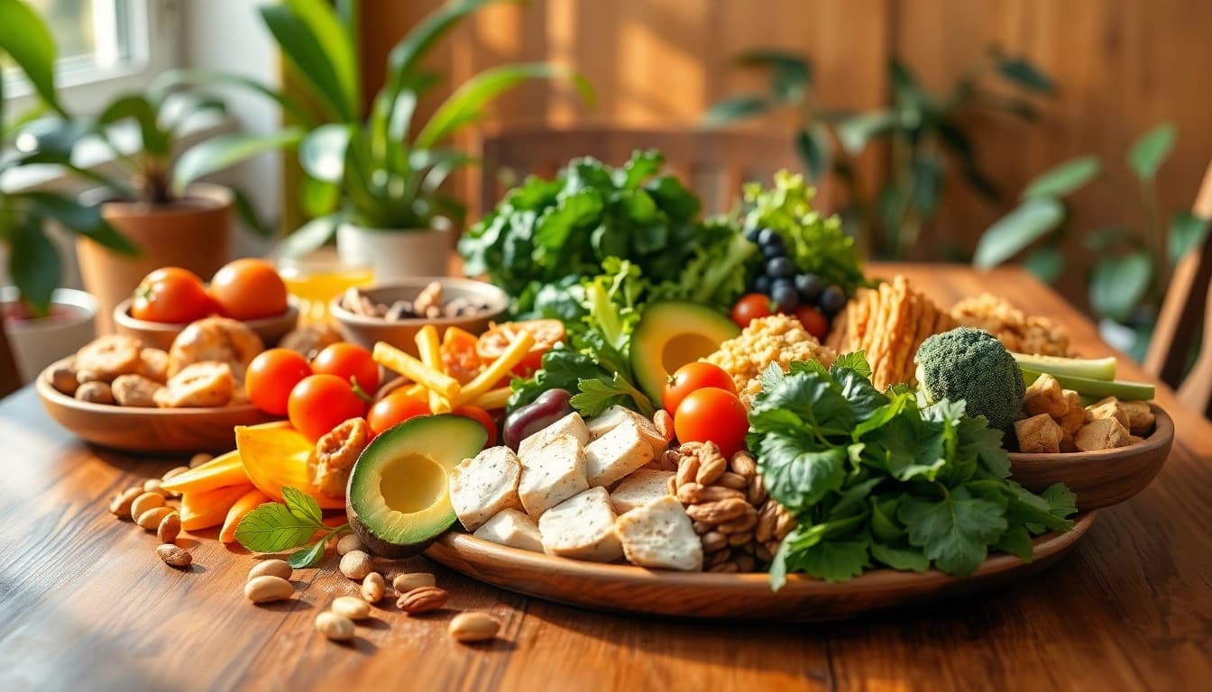 Balanced plate of foods representing hormone balance diet with vegetables, proteins, and healthy fats.