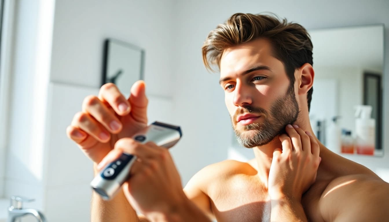 Man grooming with the best affordable electric shaver in a modern bathroom setting.