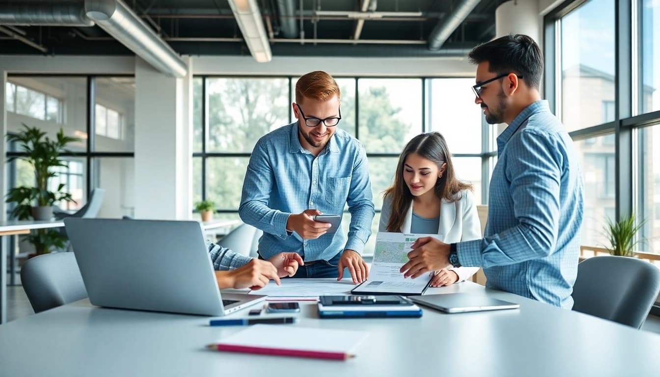 Hire Shopify developer collaborating in a bright modern office with laptops.