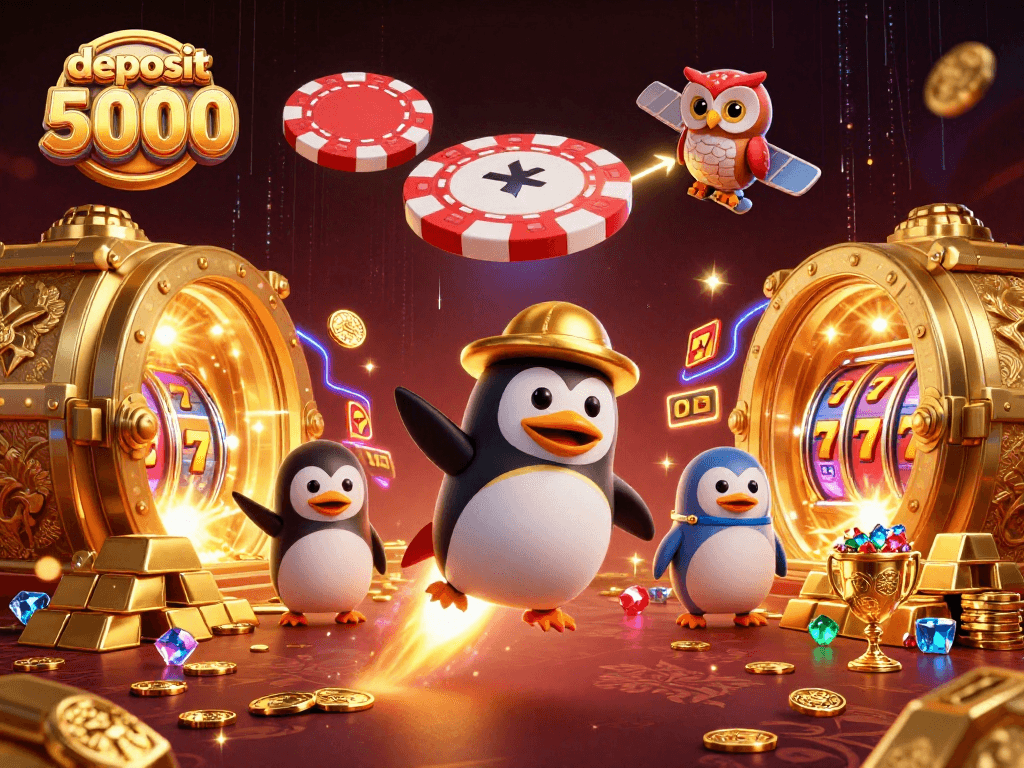 Deposit 5000 in a dazzling casino scene featuring a penguin and treasure.