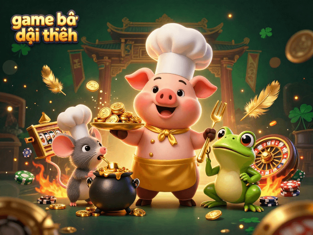 Experience the thrill of game bài đổi thưởng through a dynamic casino scene featuring playful characters and vibrant elements.