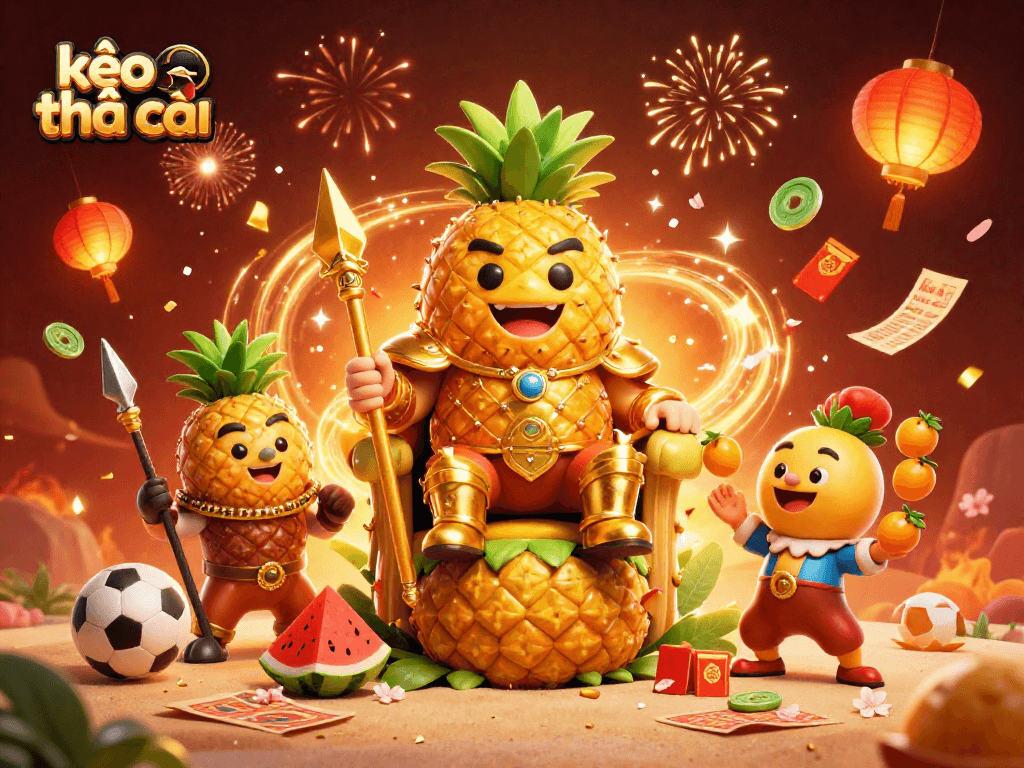 Place bets confidently with kèo nhà cái through vibrant beach casino scene featuring a golden pineapple king.