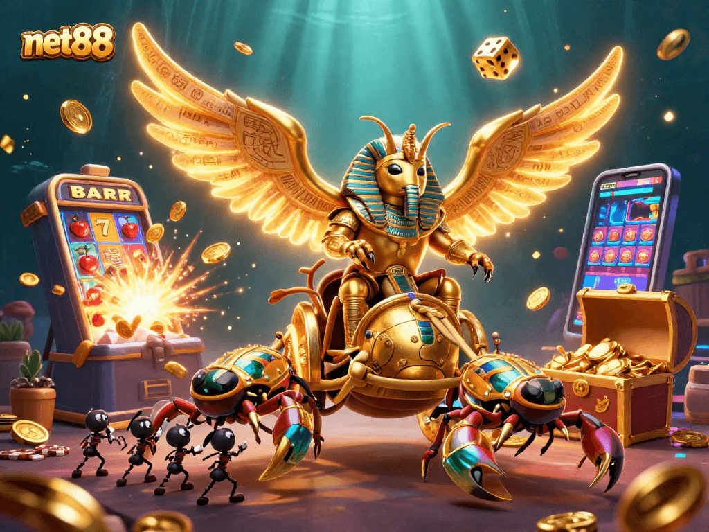 Engage with net88's mesmerizing casino world featuring a golden scarab beetle in pharaoh armor amidst dynamic game elements.