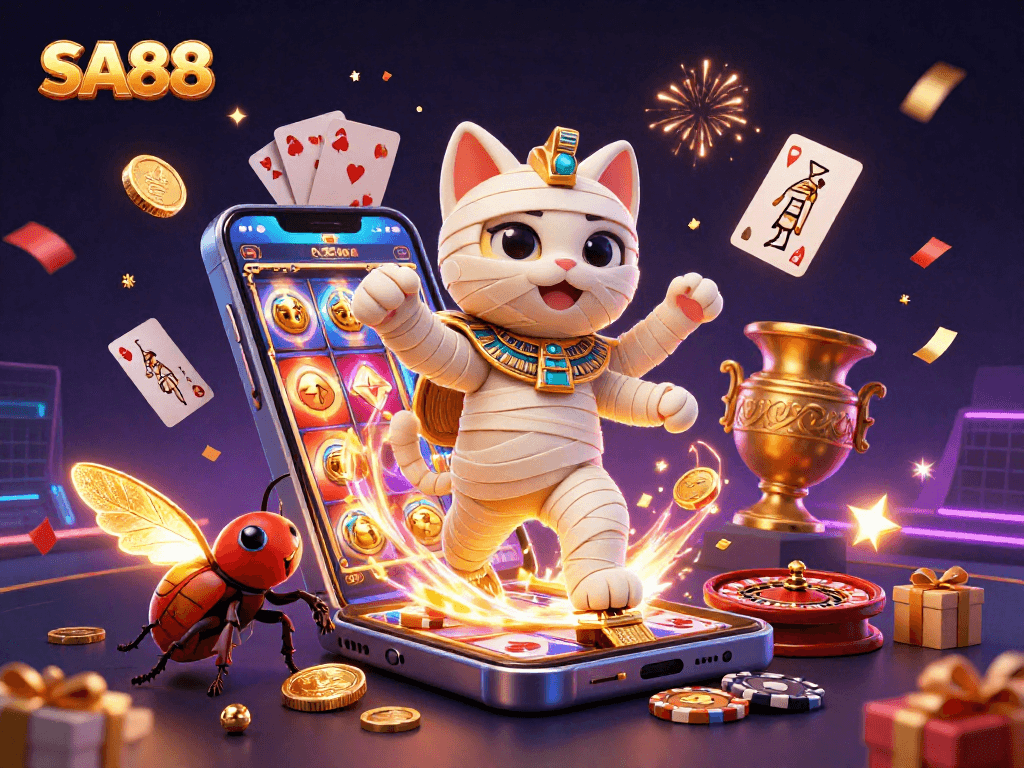 Experience the vibrant gaming ambiance at SA88, featuring dynamic illustrations of a mummy cat and golden elements.
