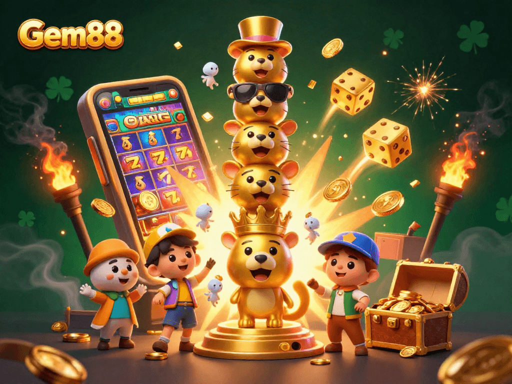 Experience the thrill of Gem88 with a vibrant 3D animation of slot machines and golden treasures.