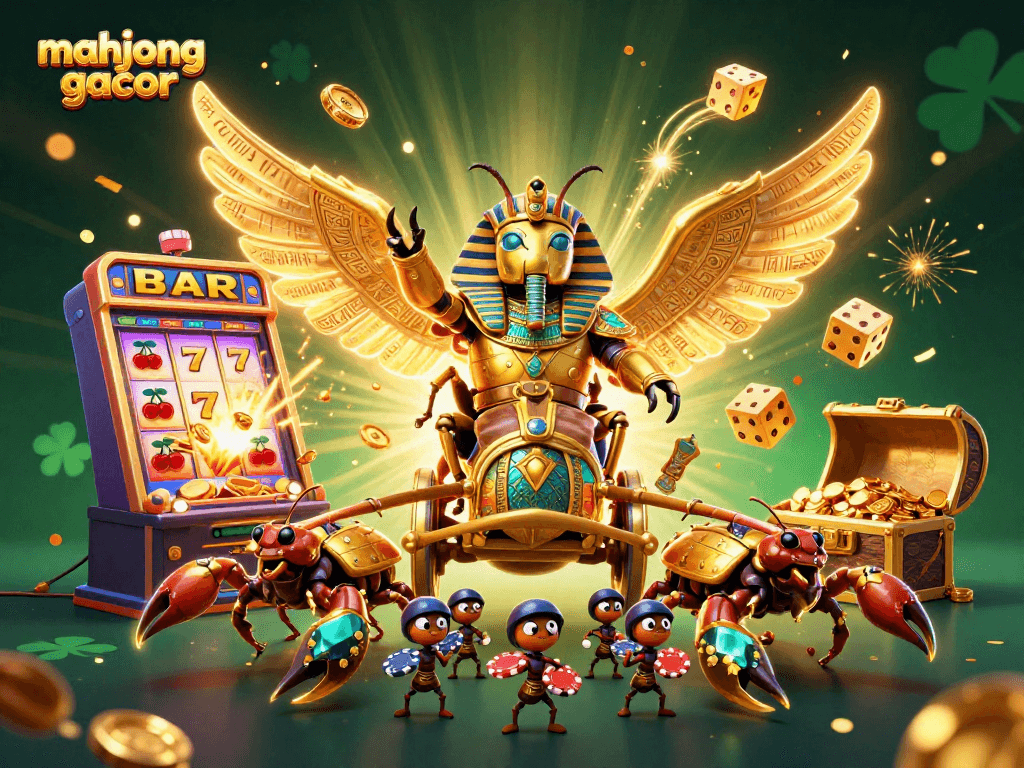 Win big with Mahjong Gacor as tiny ant soldiers showcase poker chips around dynamic 3D scene.