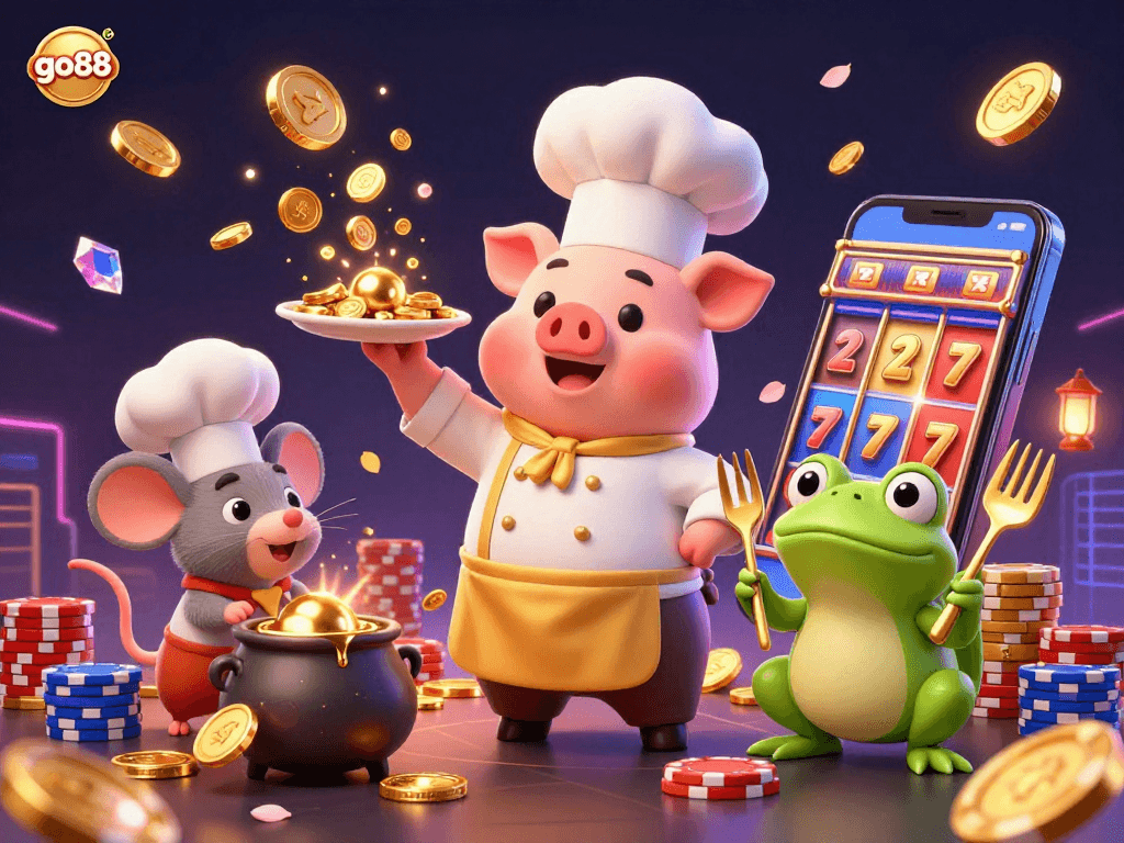 Engage with the vibrant world of go88, featuring a whimsical 3D chef pig serving gold coins, amidst thrilling casino elements.
