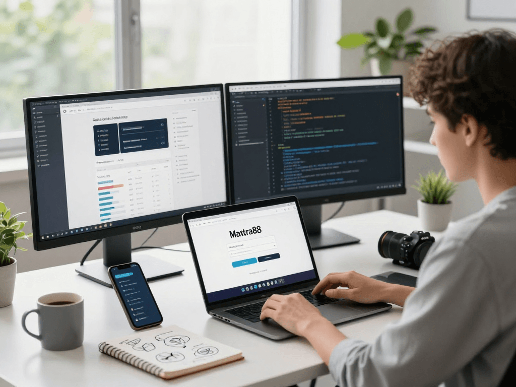 User accessing mantra88 login on a laptop in a modern workspace with dual monitors and a motivating atmosphere.