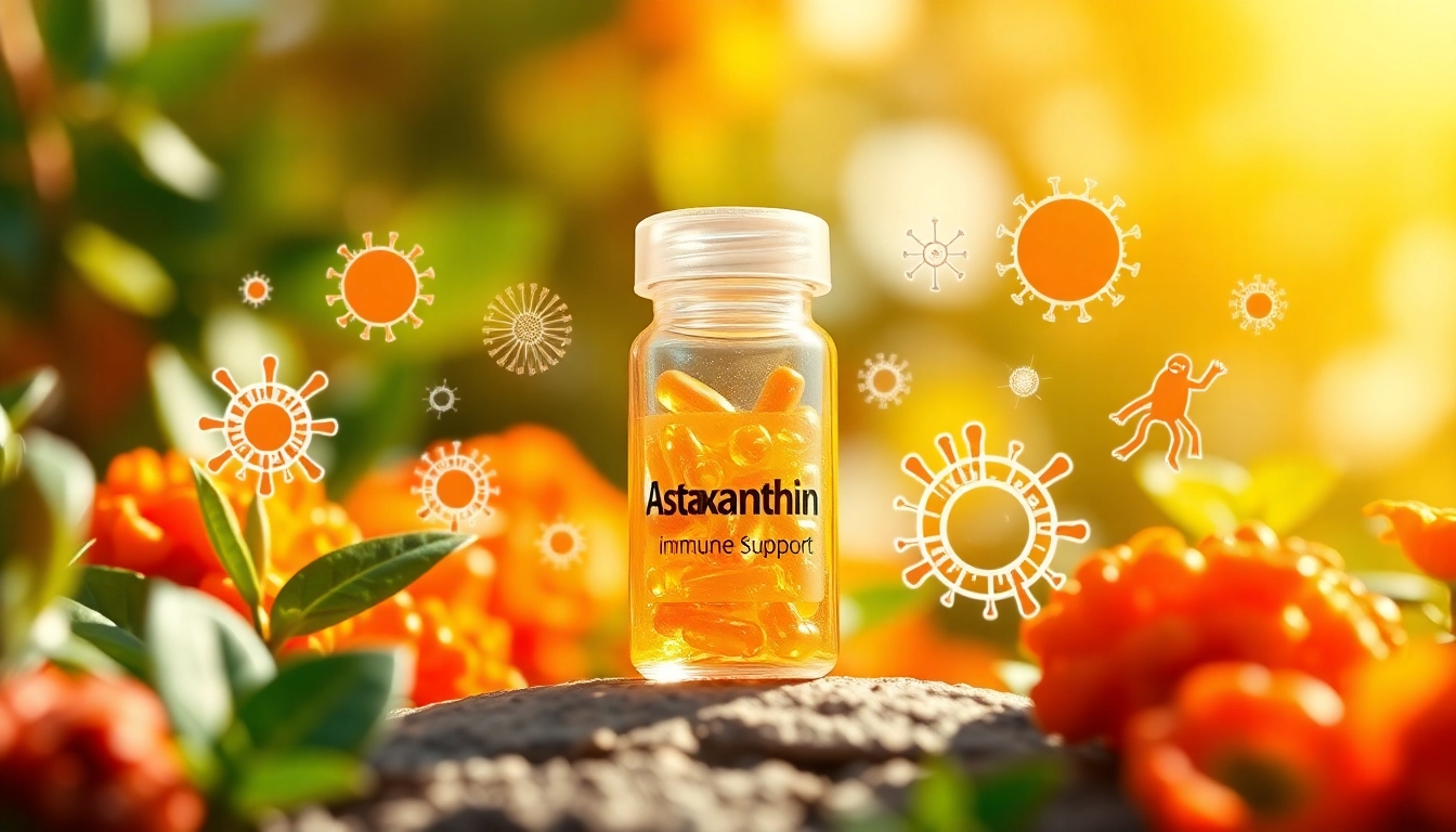 Illustration of astaxanthin for immune support featuring vibrant colors and immune cells.