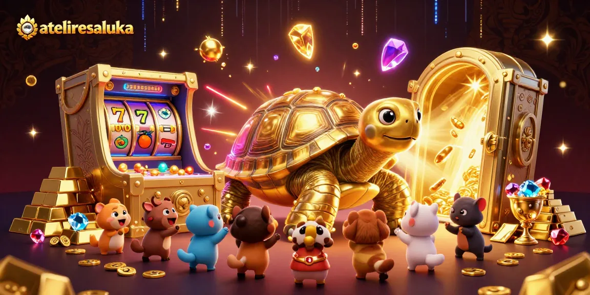 Engage with the dynamic ateliersaluka slot game scene featuring a tortoise pinball, gold treasures, and excited players.