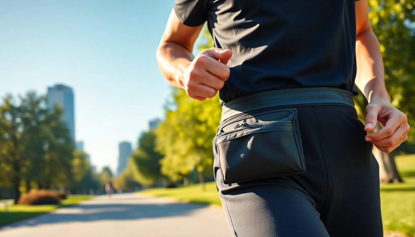 Runner with a functional running belt enhancing performance during a morning jog in the park.