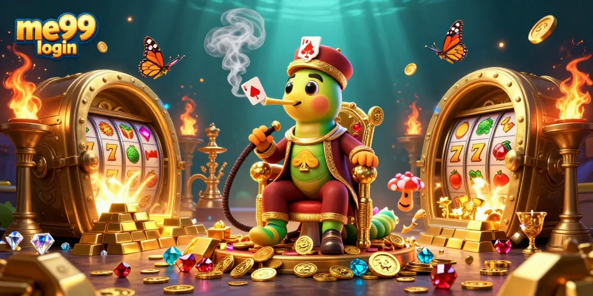Engage in the me99 login process amidst opulent casino treasures, poker symbols, and lively game elements.