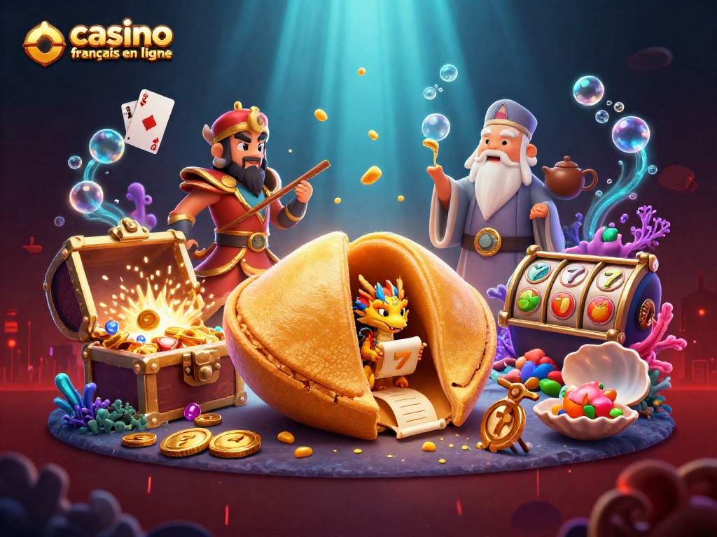 Illustration captivante représentant un cookie fortune doré et un dragon sage jouant au casino francais en ligne, entouré de trésors.