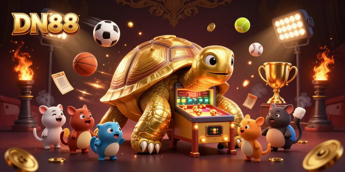 Experience thrilling gameplay at DN88 with a dynamic 3D illustration of a golden tortoise pinball machine amidst sports action.