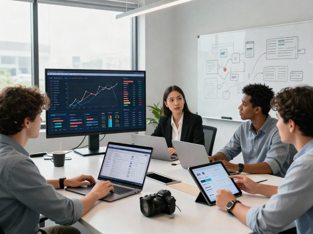 Collaboration on slot qris technology in an innovative finance workspace with data analytics.