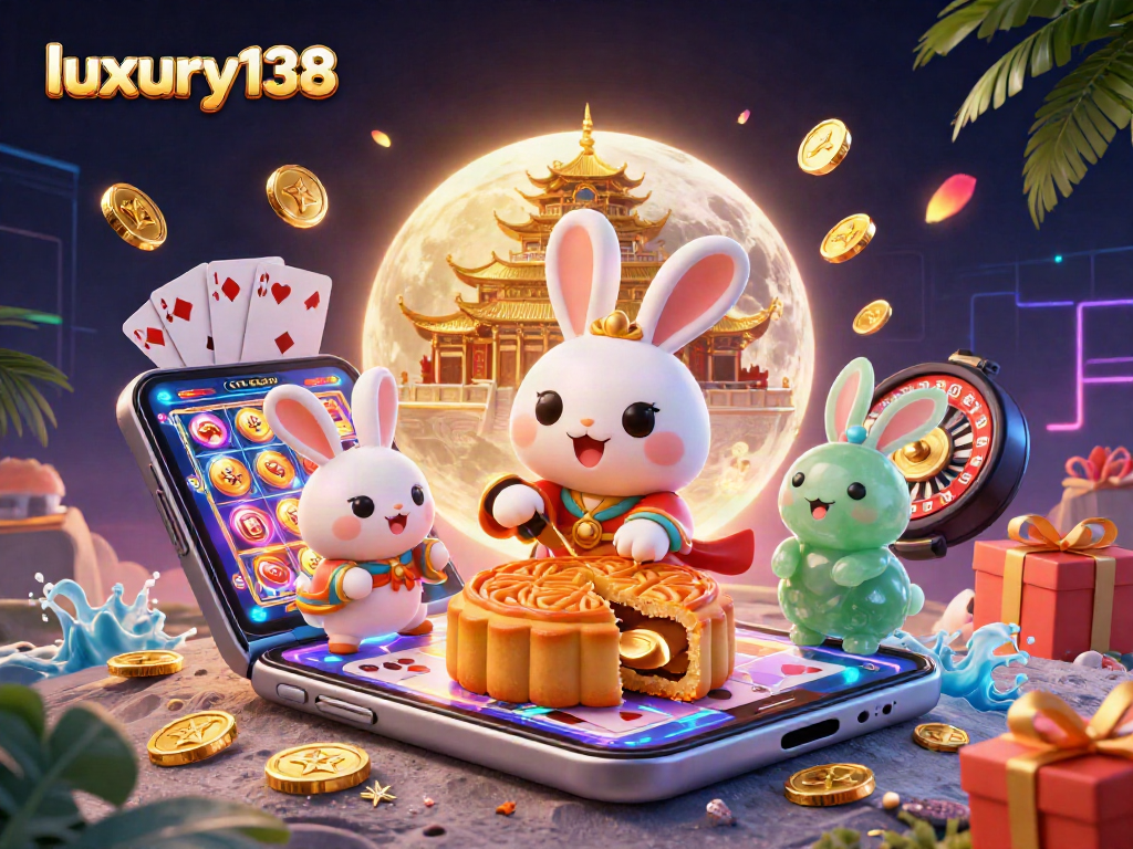 Permainan slot penuh kegembiraan di luxury138 dengan karakter kelinci bulan dan chip poker.