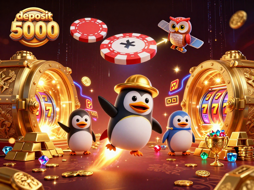 Deposit 5000 in a dazzling casino scene featuring a penguin and treasure.