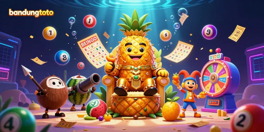 Experience vibrant gameplay with bandungtoto featuring a golden pineapple king, lottery balls, and a money rain effect.
