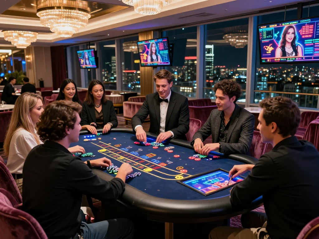 Exciting atmosphere of a crypto casino with players at a digital blackjack table, highlighting vibrant interactions and luxurious decor.