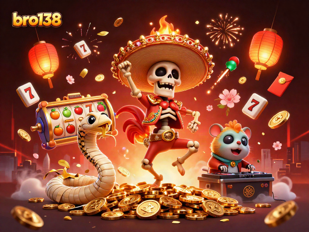 Engage in thrilling gaming at bro138 with vibrant characters, slot reels, and festive elements.