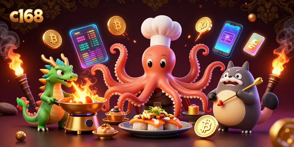 Engage with c168 through dynamic betting strategies showcasing an octopus chef, dragon, and tanuki in action.