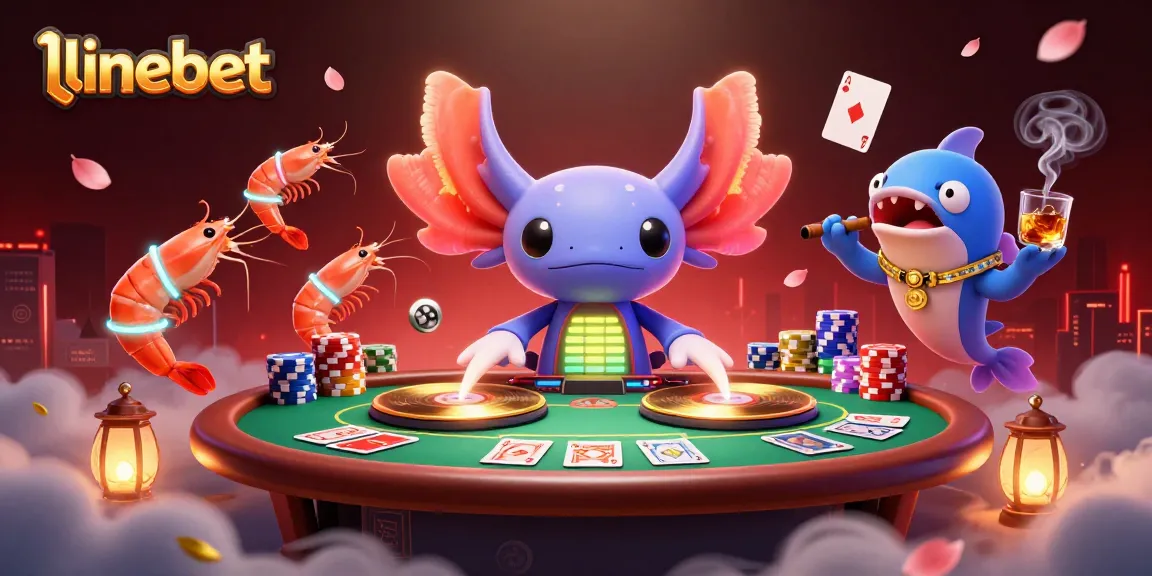 Experience the thrill of linebet with a neon axolotl DJ and vibrant gaming elements in an animated casino scene.