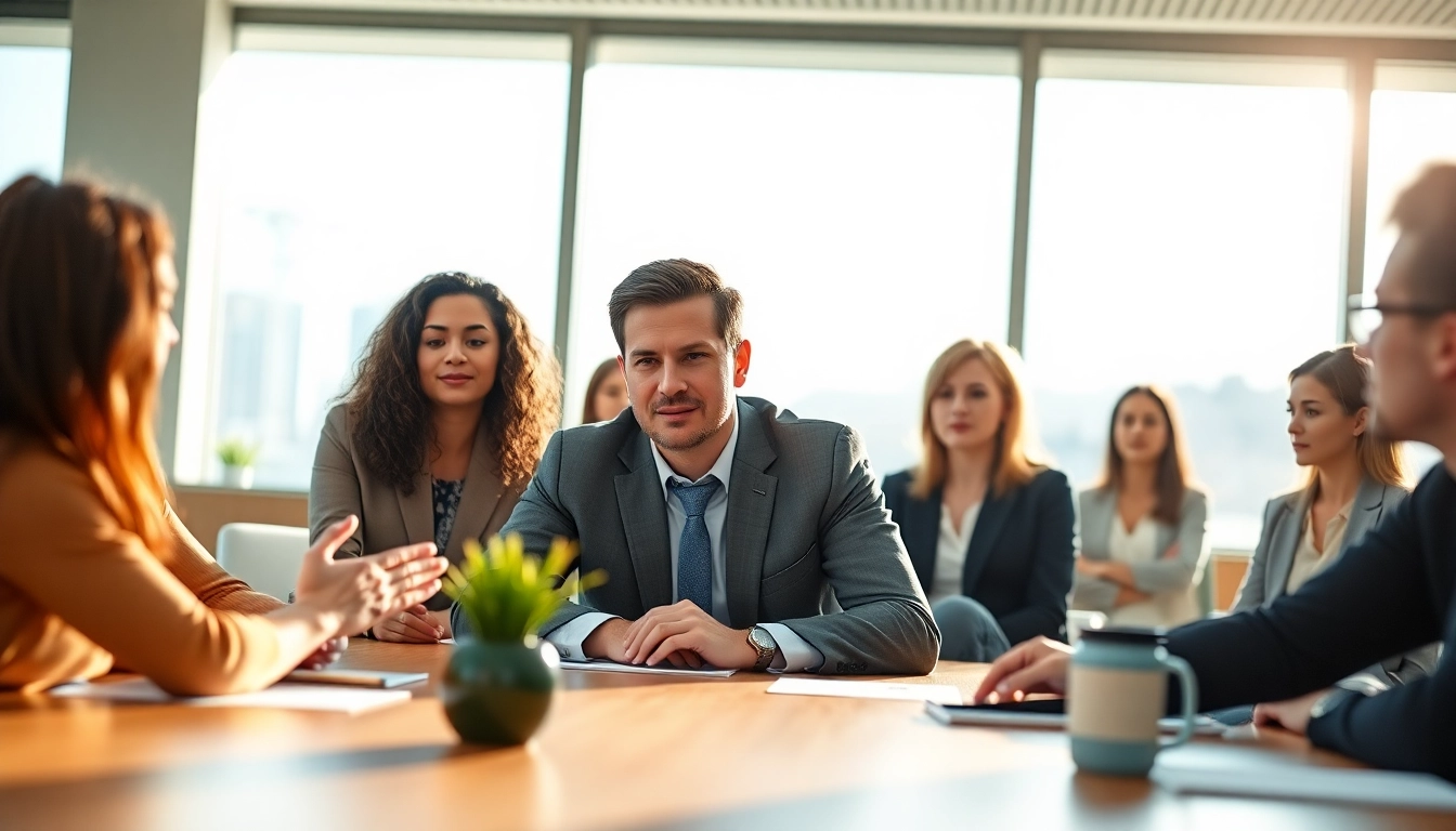 Demonstrating Executive Presence in a leadership meeting with confident gestures and collaborative engagement.