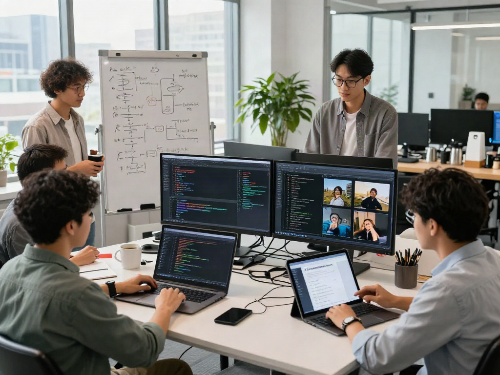 Team working together on AI Image Detector software in a modern office setting, showcasing advanced image analysis and collaboration.