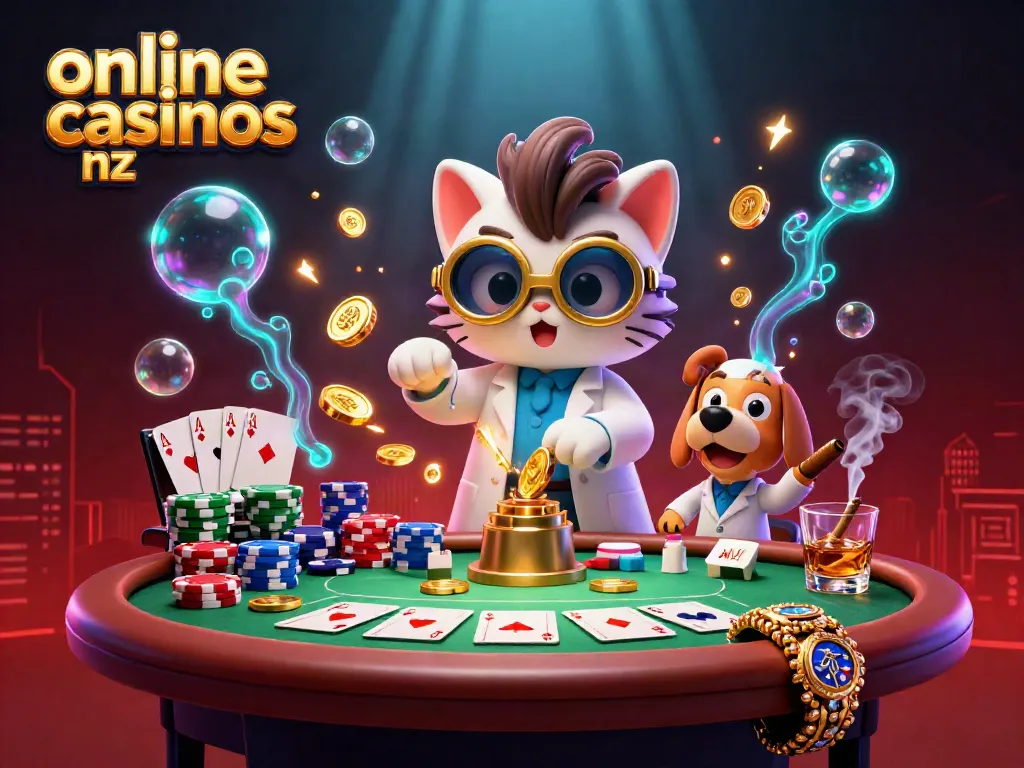 Join the excitement at online casinos nz with a mad scientist cat and assistant in a vibrant poker scene.