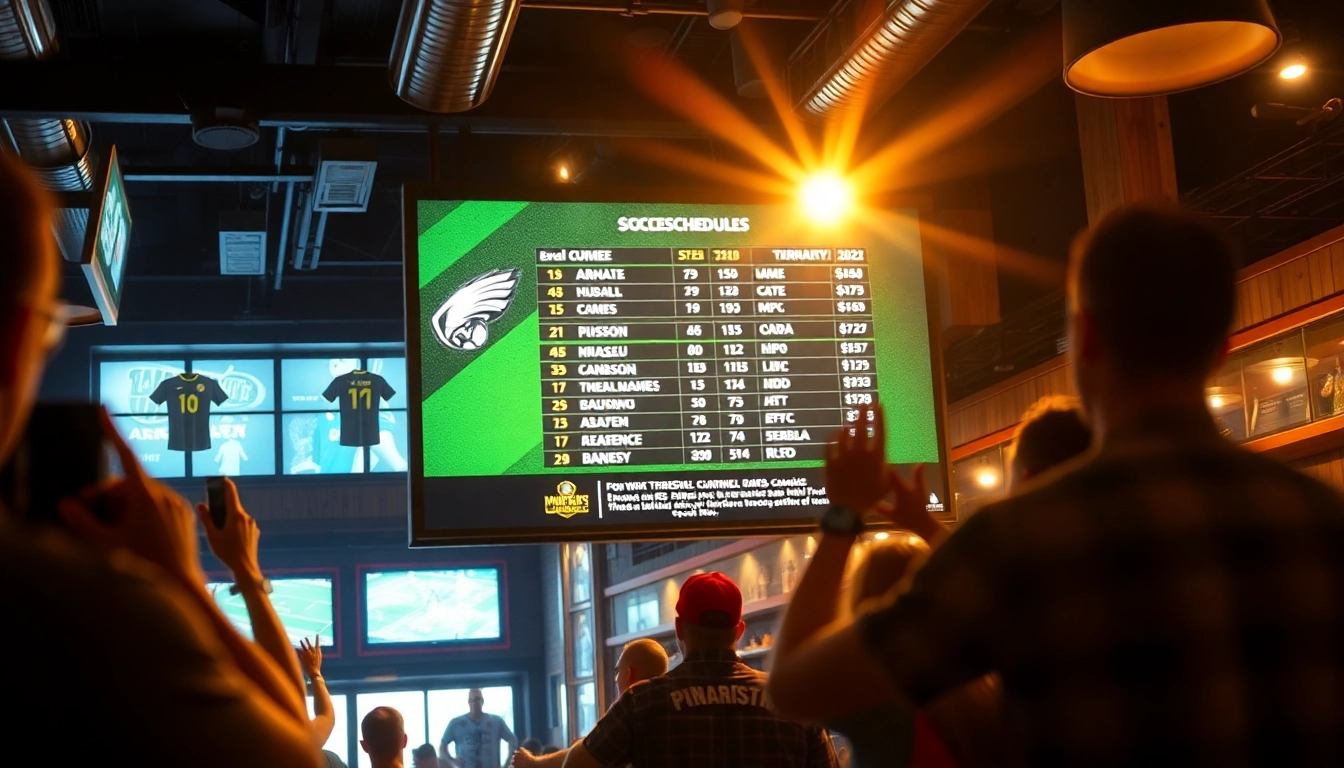 Jadwal bola ditampilkan di layar digital dengan fans yang tertarik di bar olahraga.