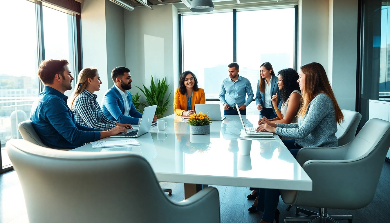 Temp agencies collaborating in a bright, modern office showcasing teamwork.