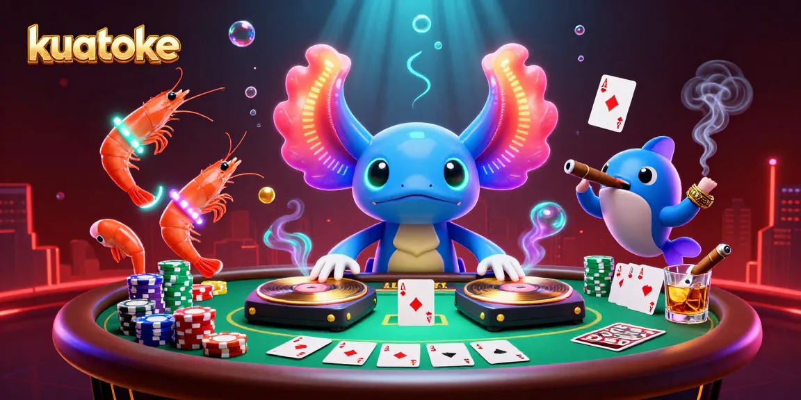 Kuatoke brings thrill as a neon axolotl DJ spins records at a vibrant poker-themed underwater party.