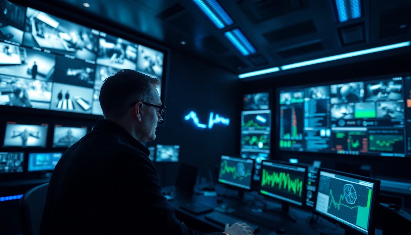 Analyze video surveillance analytics data in a high-tech control room.