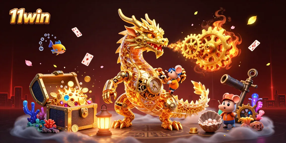 11win showcases a captivating 3D dragon breathing golden gears amidst vibrant casino themes, enhancing player excitement.