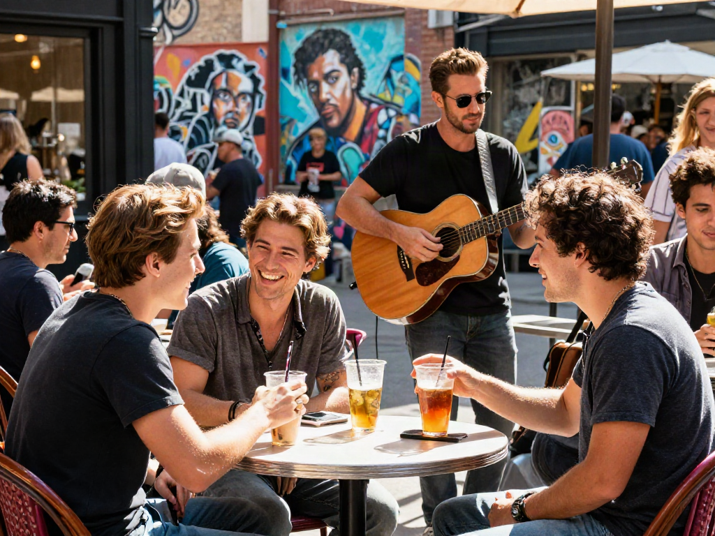 Look alikes of famous people enjoying a lively urban cafe, sharing laughs and drinks.