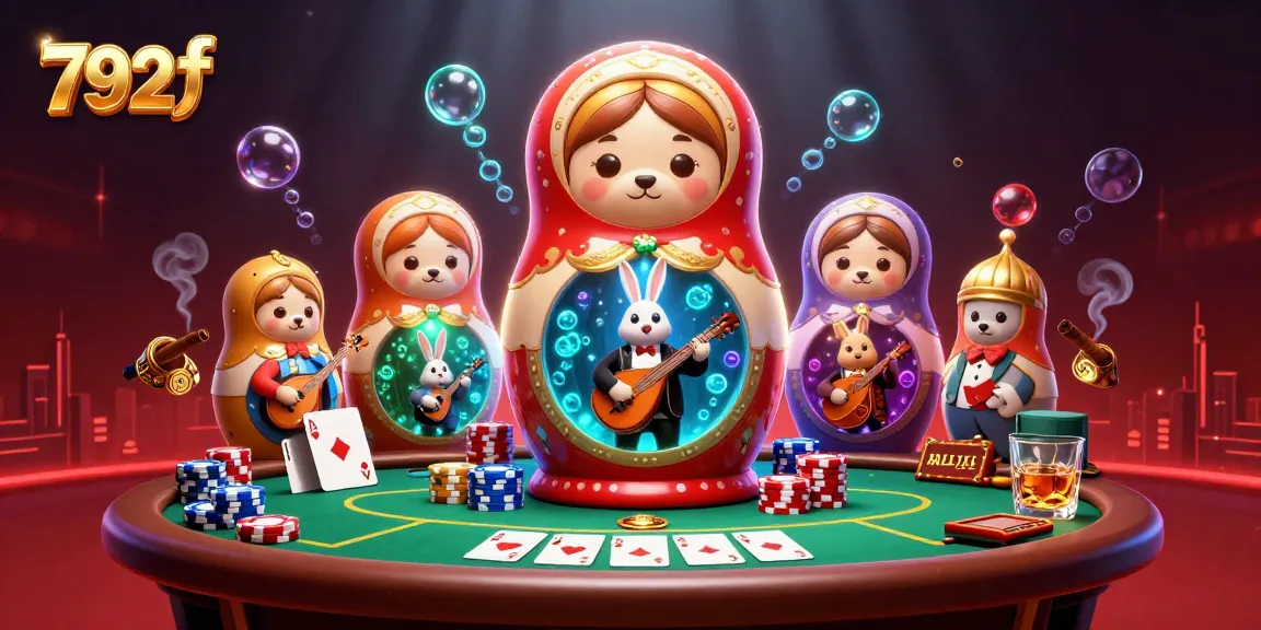 Immerse yourself in the world of 792 f, featuring playful Matryoshka bears and vibrant casino elements.