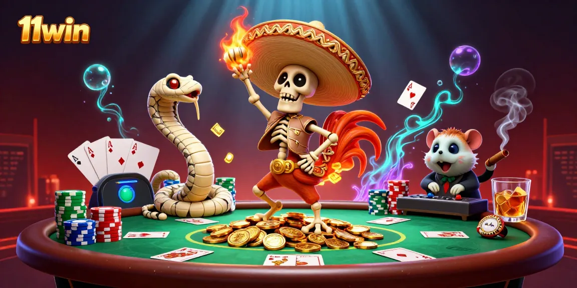 Engage with 11win's vibrant casino scene featuring a lively character dance amid poker elements.