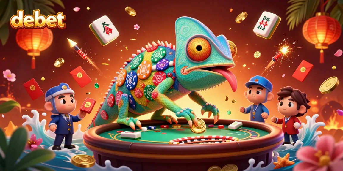 Experience the excitement of debet with a vibrant 3D chameleon casino owner amidst dynamic gambling elements.