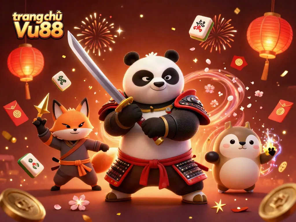 Experience the thrill of gameplay at trang chủ Vu88 with a 3D illustration featuring a samurai panda and ninja fox.