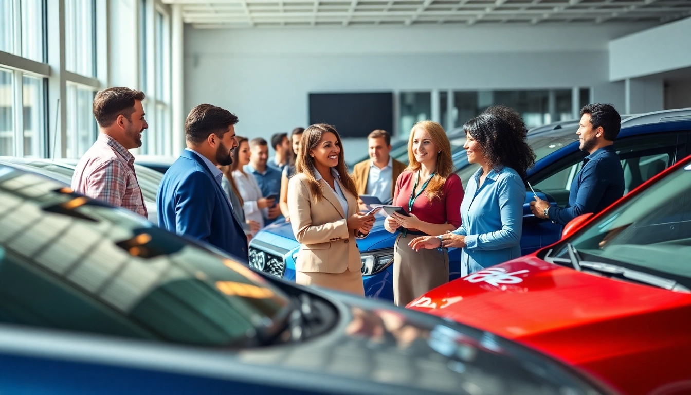 Buy New Car with happy customers at a vibrant dealership engaging with sales reps.