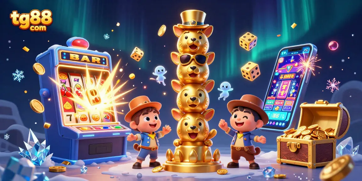 Experience exciting wins at tg88 com with a vibrant 3D casino themed illustration showcasing colorful gaming elements.