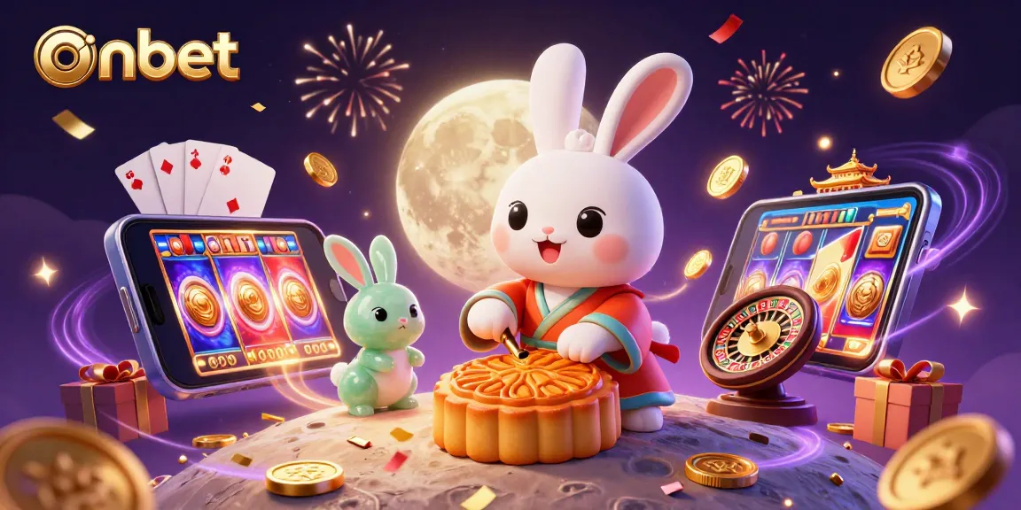 Experience Onbet's thrilling casino adventures featuring poker and slot games in a festive lunar setting.