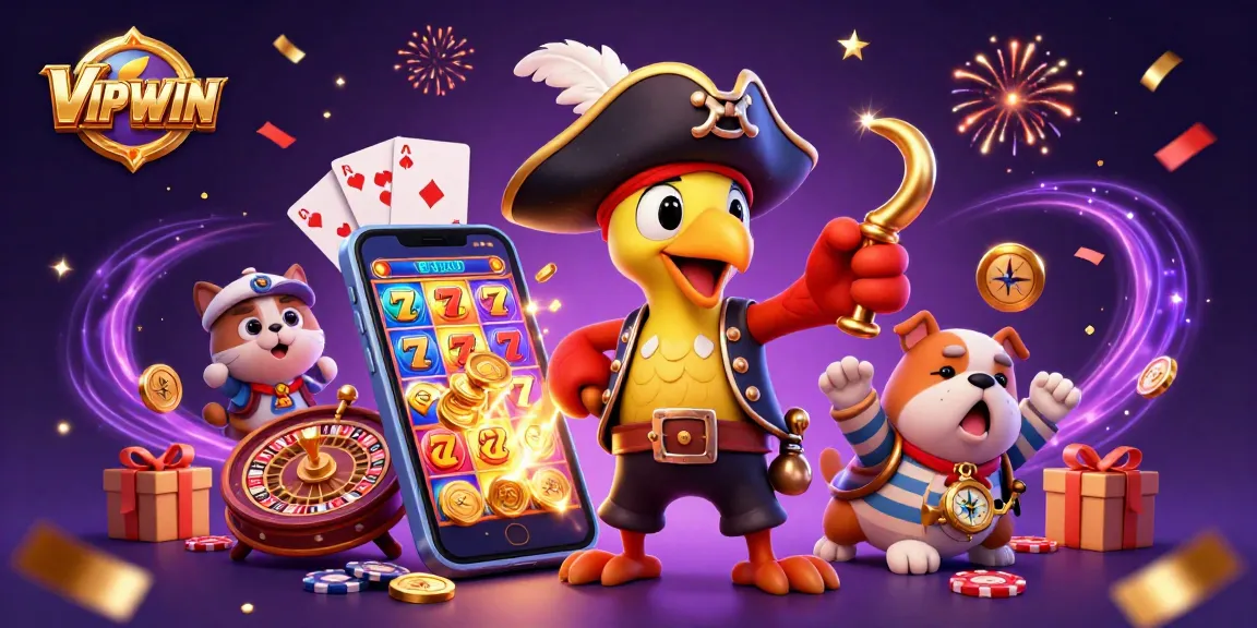 VIPWIN showcases an exciting casino scene with a welcoming pirate captain, bulldog, and ship's cat amid vibrant gambling elements.