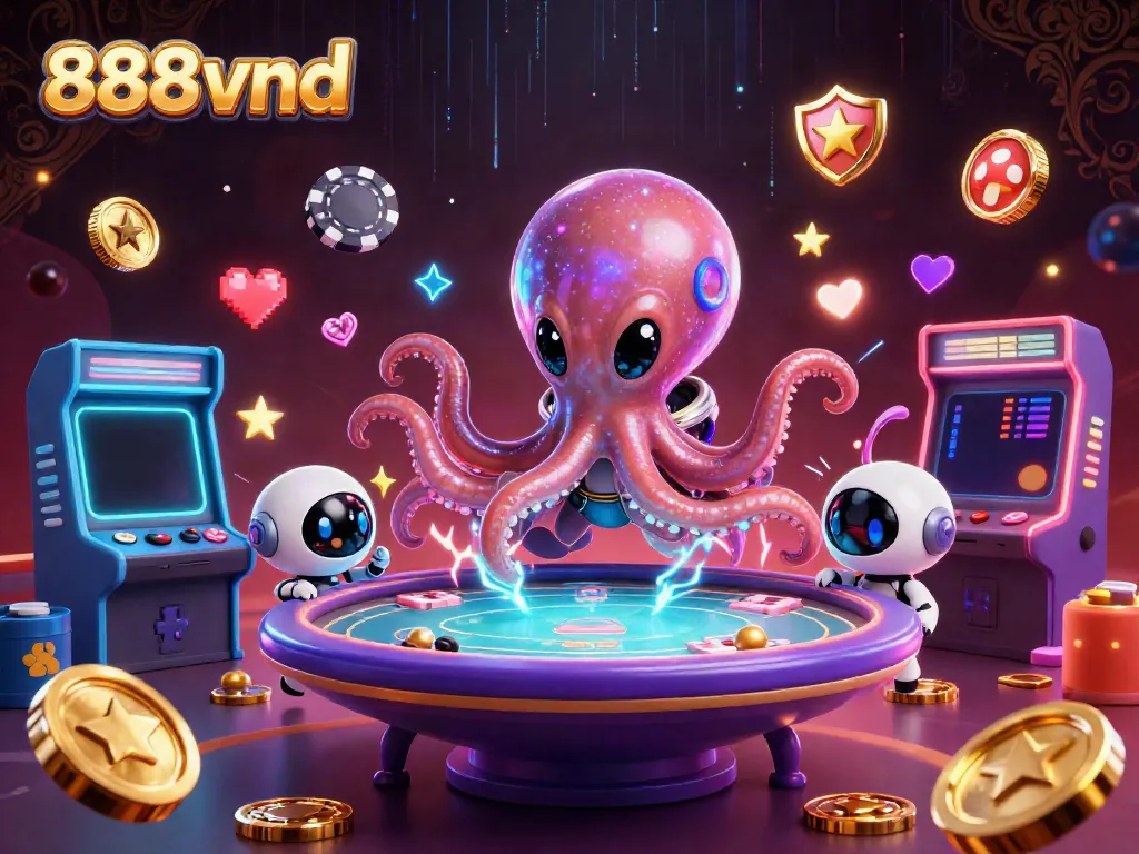 Engage in thrilling games at 888vnd with a vibrant alien octopus at a holographic poker table.