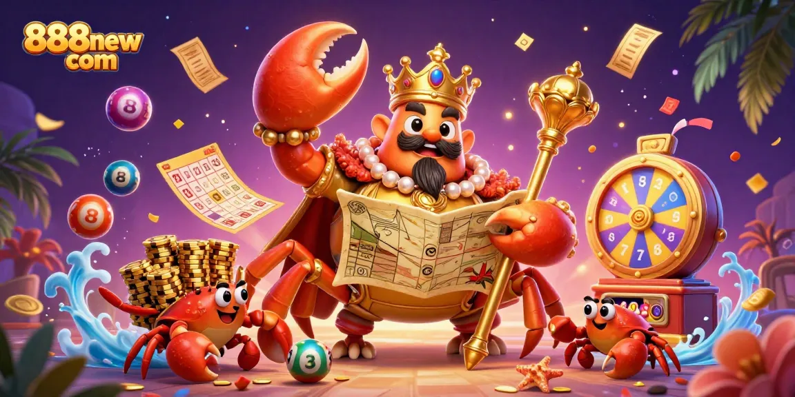 Engage with thrilling moments at 888new com, featuring a golden crab emperor in a vibrant casino scene.