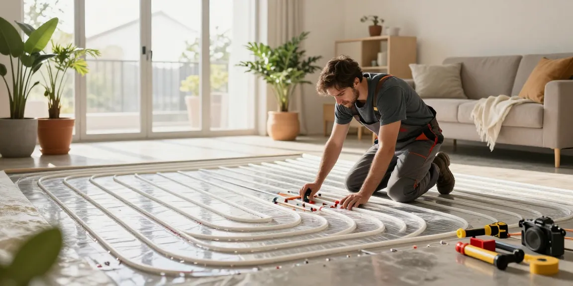 Demand for underfloor heating installation in a modern home setting, showcasing skilled technician and high-quality materials.
