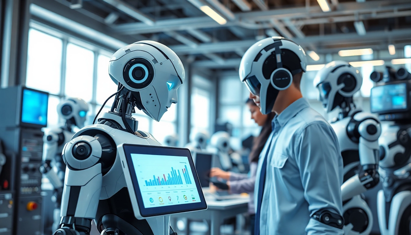 AI Bots enhancing teamwork in a modern tech workspace with sleek design.