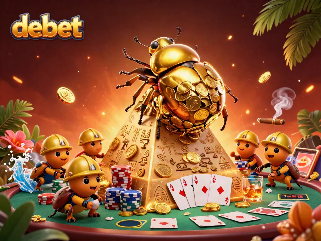 Experience thrilling moments at Debet with vibrant casino action and golden beetles as stars.